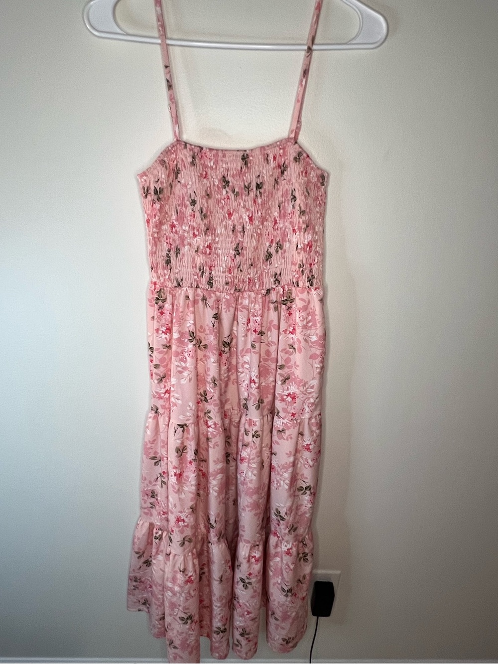 Pink Floral Smocked Midi Summer Dress with Spaghetti Straps